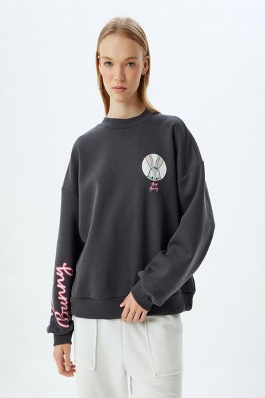 Оверсайз свитшот з принтом Bugs Bunny, ліцензійний, з круглим вирізом, 44% бавовни, антрацитового кольору - фото 3