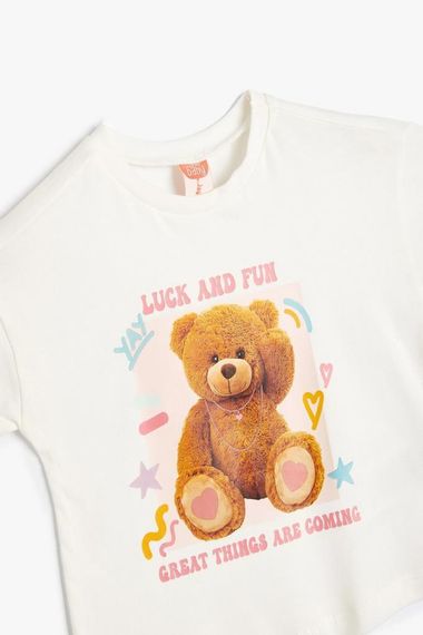 Футболка для дівчинки Koton з малюнком ведмедика, короткий рукав, круглий виріз, з бавовни, екрю, доступні розміри 9-12 міс., 12-18 міс., 18-24 міс., 4-5 років - фото 3