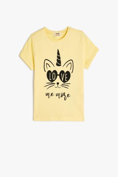 Koton Kız Çocuk Kedili Tişört Kısa Kollu Bisiklet Yaka Pamuklu - fotoğraf 1