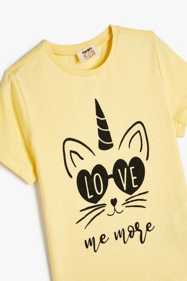 Koton Kız Çocuk Kedili Tişört Kısa Kollu Bisiklet Yaka Pamuklu - fotoğraf 3