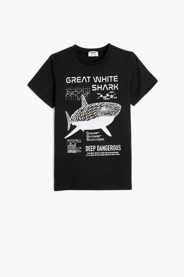 تي شيرت قطني للأولاد بأكمام قصيرة مطبوع عليه سمكة قرش من كوتون - صورة 1