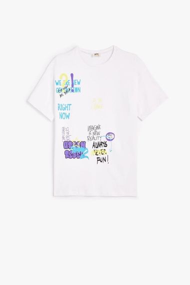 Oversize футболка для хлопців Koton з коротким рукавом та графітовим принтом, 100% бавовна, велосипедний виріз, екру - фото 1