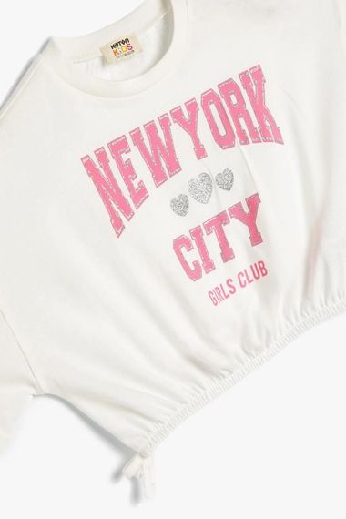 Короткий хлопковый футболка для девочек Koton с принтом колледжа, круглым вырезом и короткими рукавами, размер 6-7, 9-10, 11-12, 13-14 лет, цвет экрю - фото 3