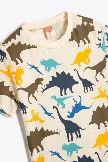 تيشيرت قصير الأكمام للبنات مع ياقة دائرية وطباعة جرافيك دينصور من كوتون، مصنوع من قطن طبيعي، مناسب للأطفال من 9-18 شهر - صورة 3
