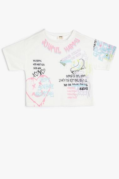 Koton Kız Çocuk Crop Tişört Grafiti Baskılı Kısa Kollu Bisiklet Yaka - fotoğraf 1