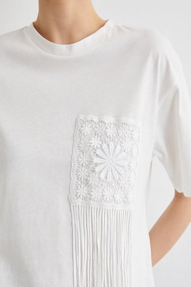 Koton Püsküllü Dantel Detaylı Tişört Kısa Kollu Bisiklet Yaka Pamuklu - fotoğraf 5