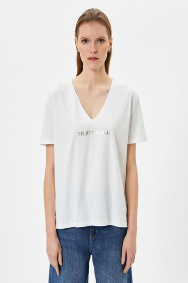 Koton Baskılı Tişört Kısa Kollu V Yaka Pamuklu - photo 3