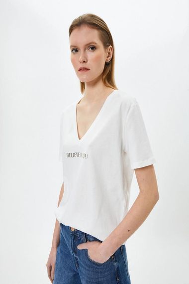 Koton Baskılı Tişört Kısa Kollu V Yaka Pamuklu - photo 1