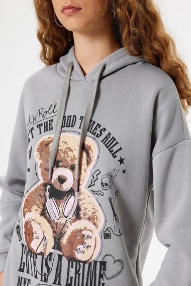 Oversized Hooded Sweatshirt with Bear Print and Slogan, Made from Recycled Yarn, Comfortable and Stylish in Gray - photo 4
