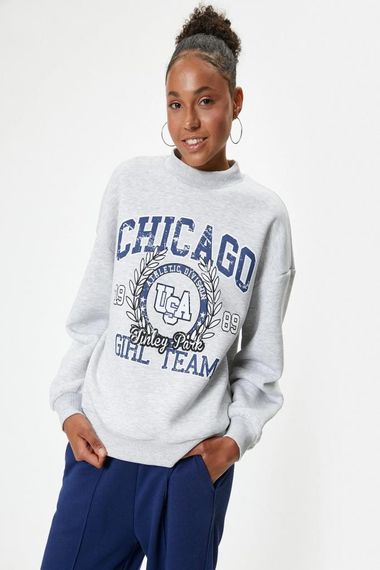 Oversize College Print Sweatshirt with Round Neck, Brushed Interior, Available in Gray and Multiple Sizes - photo 1