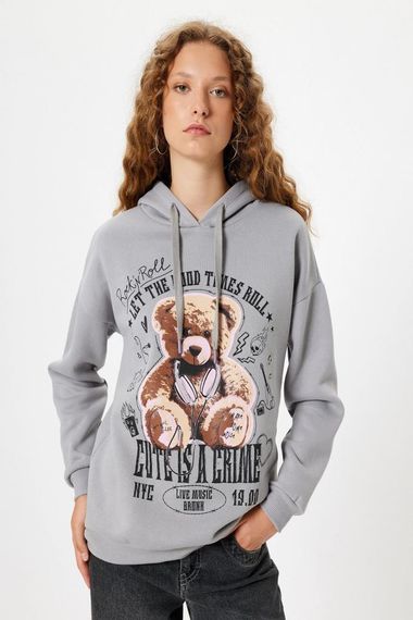 Oversized Hooded Sweatshirt with Bear Print and Slogan, Made from Recycled Yarn, Comfortable and Stylish in Gray - photo 2