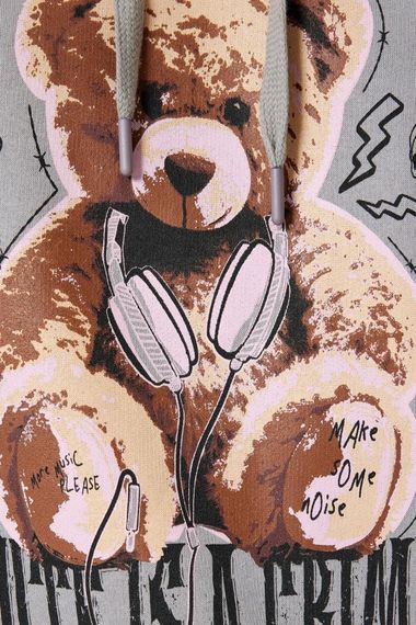 Oversized Hooded Sweatshirt with Bear Print and Slogan, Made from Recycled Yarn, Comfortable and Stylish in Gray - photo 5