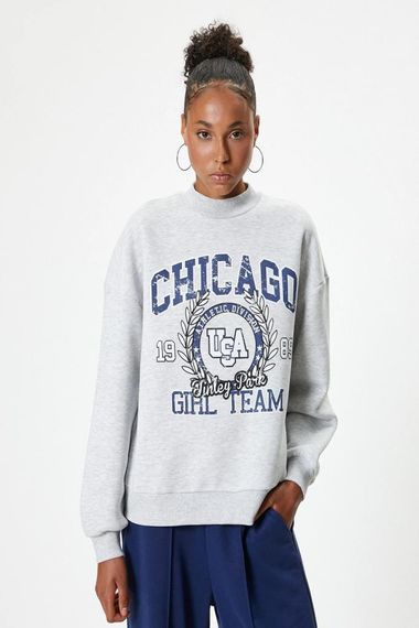 Oversize College Print Sweatshirt with Round Neck, Brushed Interior, Available in Gray and Multiple Sizes - photo 3
