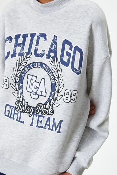 Oversize College Print Sweatshirt with Round Neck, Brushed Interior, Available in Gray and Multiple Sizes - photo 5