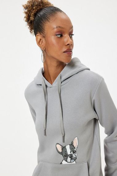 Koton Oversize Kapüşonlu Sweatshirt Kanguru Cep Detaylı Köpek Baskılı Şardonlu - fotoğraf 1