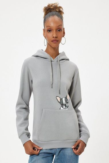 Koton Oversize Kapüşonlu Sweatshirt Kanguru Cep Detaylı Köpek Baskılı Şardonlu - fotoğraf 3