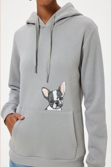 Koton Oversize Kapüşonlu Sweatshirt Kanguru Cep Detaylı Köpek Baskılı Şardonlu - fotoğraf 5