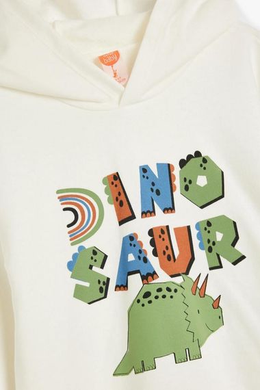 Koton Erkek Bebek Kapşonlu Sweatshirt Uzun Kollu Bisiklet Yaka Dinozor Baskı Detaylı Pamuklu - fotoğraf 3