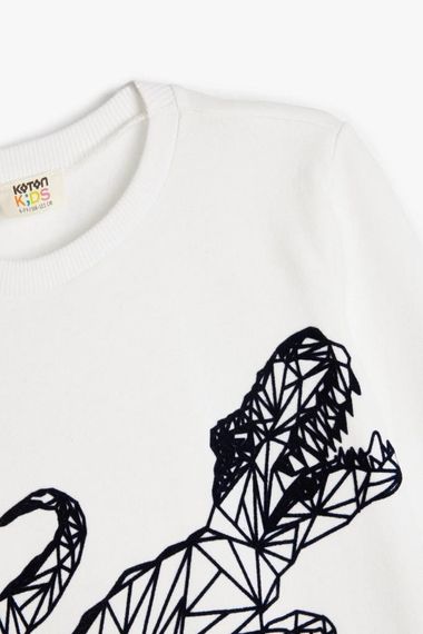 Boys' Dinosaur Print Long Sleeve Sweatshirt with Fleece Lining, Crew Neck, Available in Sizes 4-12 Years, Ecru Color - photo 3