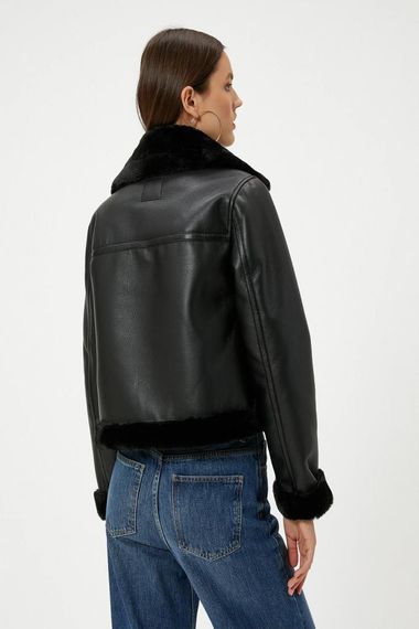 Куртка-байкер з хутряним коміром, чорна, з довгими рукавами та кишенями для стильного зимового образу - фото 4