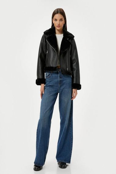 Куртка-байкер з хутряним коміром, чорна, з довгими рукавами та кишенями для стильного зимового образу - фото 2