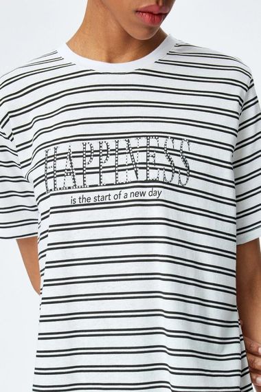 Koton Pamuklu Bisiklet Yaka Kısa Kollu Baskılı Taşlı Çizgili Tişört - photo 5