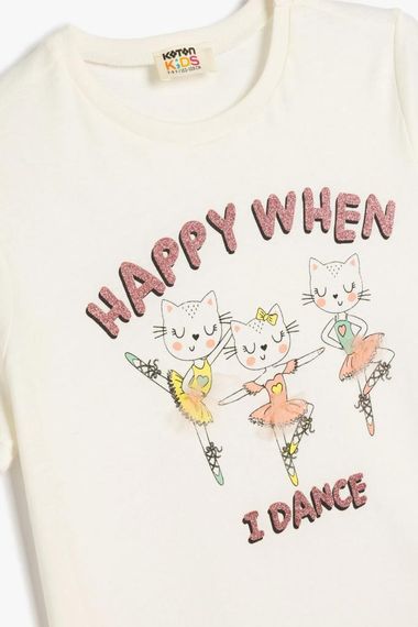 Koton Kız Çocuk Tişört Kısa Kollu Kedi Baskılı Bisiklet Yaka Pamuklu - fotoğraf 3