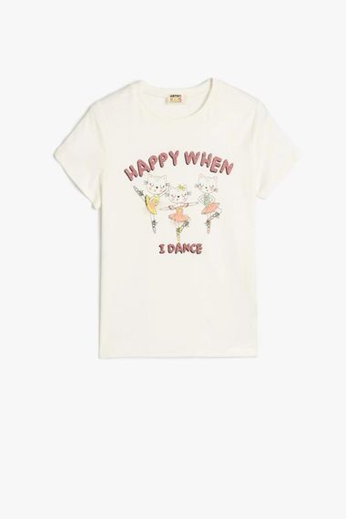 Koton Kız Çocuk Tişört Kısa Kollu Kedi Baskılı Bisiklet Yaka Pamuklu - fotoğraf 1