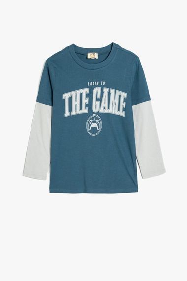 Футболка для хлопчиків Koton з принтом наспису, довгими рукавами, круглим вирізом, 100% бавовна, стильна та комфортна - фото 1