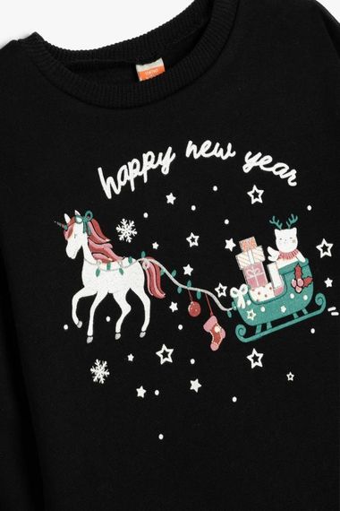 Свитшот для дівчаток Koton з новорічним принтом, довгі рукави, бавовняний, чорний, безпечний для дітей - фото 3
