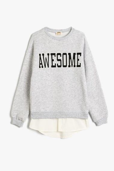 Koton Kız Çocuk Sweatshirt Baskılı Bisiklet Yaka Gömlek Etek Ucu Detaylı Şardonlu - fotoğraf 4