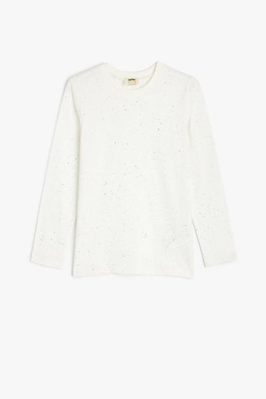 Дитяча футболка з білим кольором, довгими рукавами та круглим вирізом, виготовлена з 100% бавовни з декоративними паєтками - фото 1