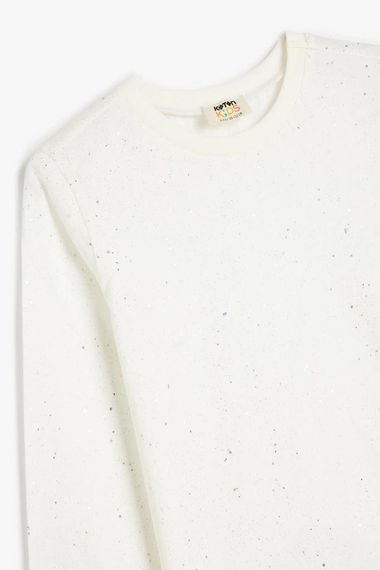 Дитяча футболка з білим кольором, довгими рукавами та круглим вирізом, виготовлена з 100% бавовни з декоративними паєтками - фото 3