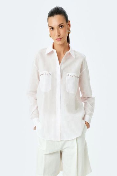 Koton Taş İşlemeli Cepli Kısa Kollu Çizgili Oversize Gömlek - صورة 3