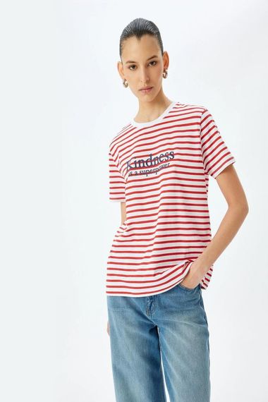 Короткий рукав бавовняна футболка з малюнком у смужку, велосипедний виріз, стильна та комфортна для повсякденного носіння - фото 2