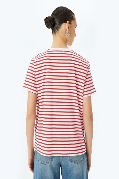 Короткий рукав бавовняна футболка з малюнком у смужку, велосипедний виріз, стильна та комфортна для повсякденного носіння - фото 4