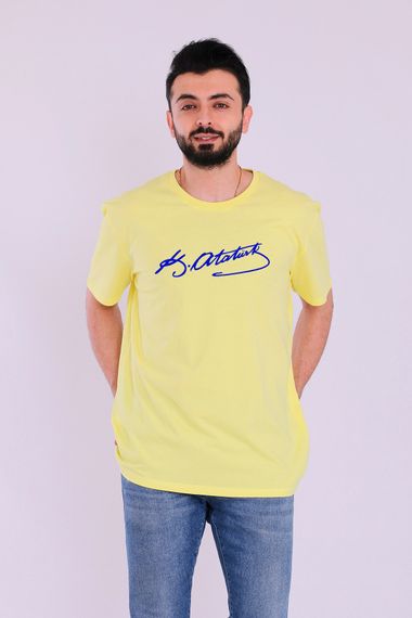 Yellow Navy Blue Atatürk signature Short Sleeve Men's Slim Fit Tshirt