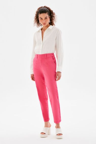 Pink Elastic Waist Button Detail Trousers with Pockets, Regular Fit, High Waist, Boyfriend Style - photo 2