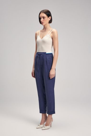 Navy Pleated Trousers for Office Chic - 60% Lyocell, 40% Linen, Mid-Rise, Comfortable Fit, Available in S, M, L, XL, XS - photo 2