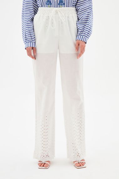 White High-Waisted Pocket Cotton Lace Pants - photo 1