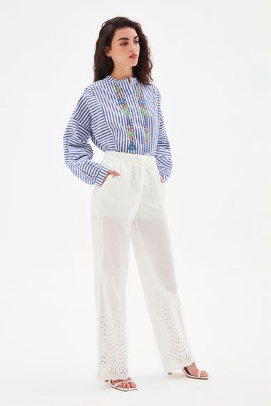 White High-Waisted Pocket Cotton Lace Pants - photo 2