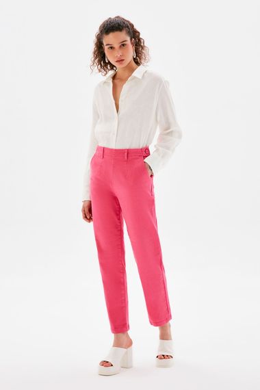 Pink Elastic Waist Button Detail Trousers with Pockets, Regular Fit, High Waist, Boyfriend Style - photo 5