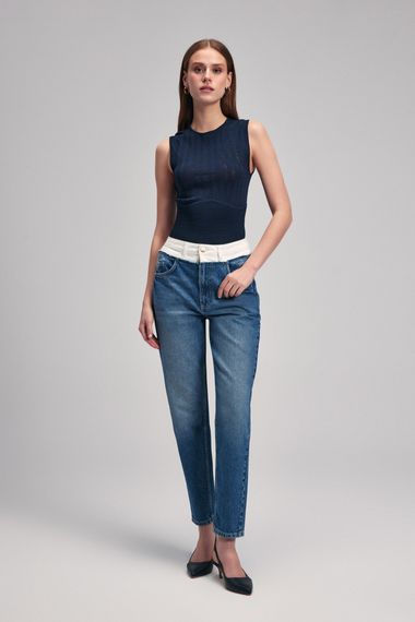 Mavi High-Waisted Two-Tone Denim Pants for Office Style with Zipper and Pockets, 100% Cotton, Slim Fit, Available in Sizes S, M, L, XL, XS - photo 2