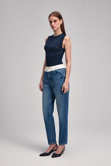 Mavi High-Waisted Two-Tone Denim Pants for Office Style with Zipper and Pockets, 100% Cotton, Slim Fit, Available in Sizes S, M, L, XL, XS - photo 3