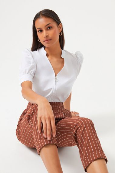 Striped Brown Pleated Wide-Leg Trousers for Casual Wear by MAVI, Regular Fit, Made of 92% Viscose and 8% Polyester, Available in Various Sizes - photo 3