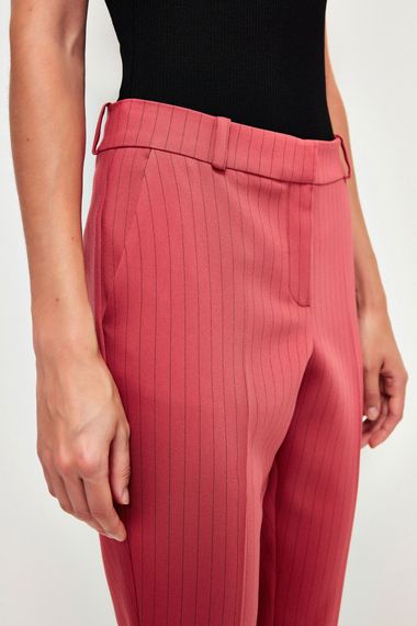 Striped Dusty Pink Fitted Trousers with Pockets and Zipper for Office Style, High Waist, Regular Cut, Available in Multiple Sizes - photo 1