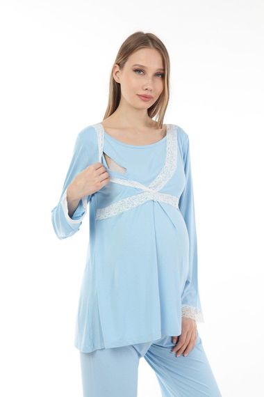 Luvmabelly MYRA9707 Lacy Breastfeeding Maternity Pajama Set - Blue - photo 2