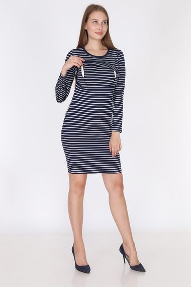 Luvmabelly 5751 - Navy Striped Long Sleeve Breastfeeding Dress - photo 1