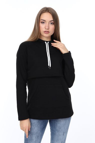 LuvmaBelly MYRA4520 Siyah&Siyah Parçalı Kapüşonlu ve Cepli Emzirme Sweatshirt - fotoğraf 2