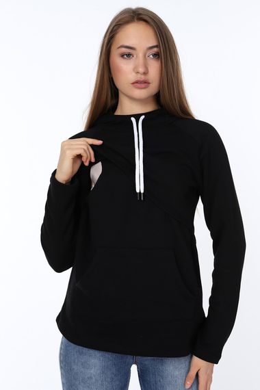 LuvmaBelly MYRA4520 Siyah&Siyah Parçalı Kapüşonlu ve Cepli Emzirme Sweatshirt - fotoğraf 1